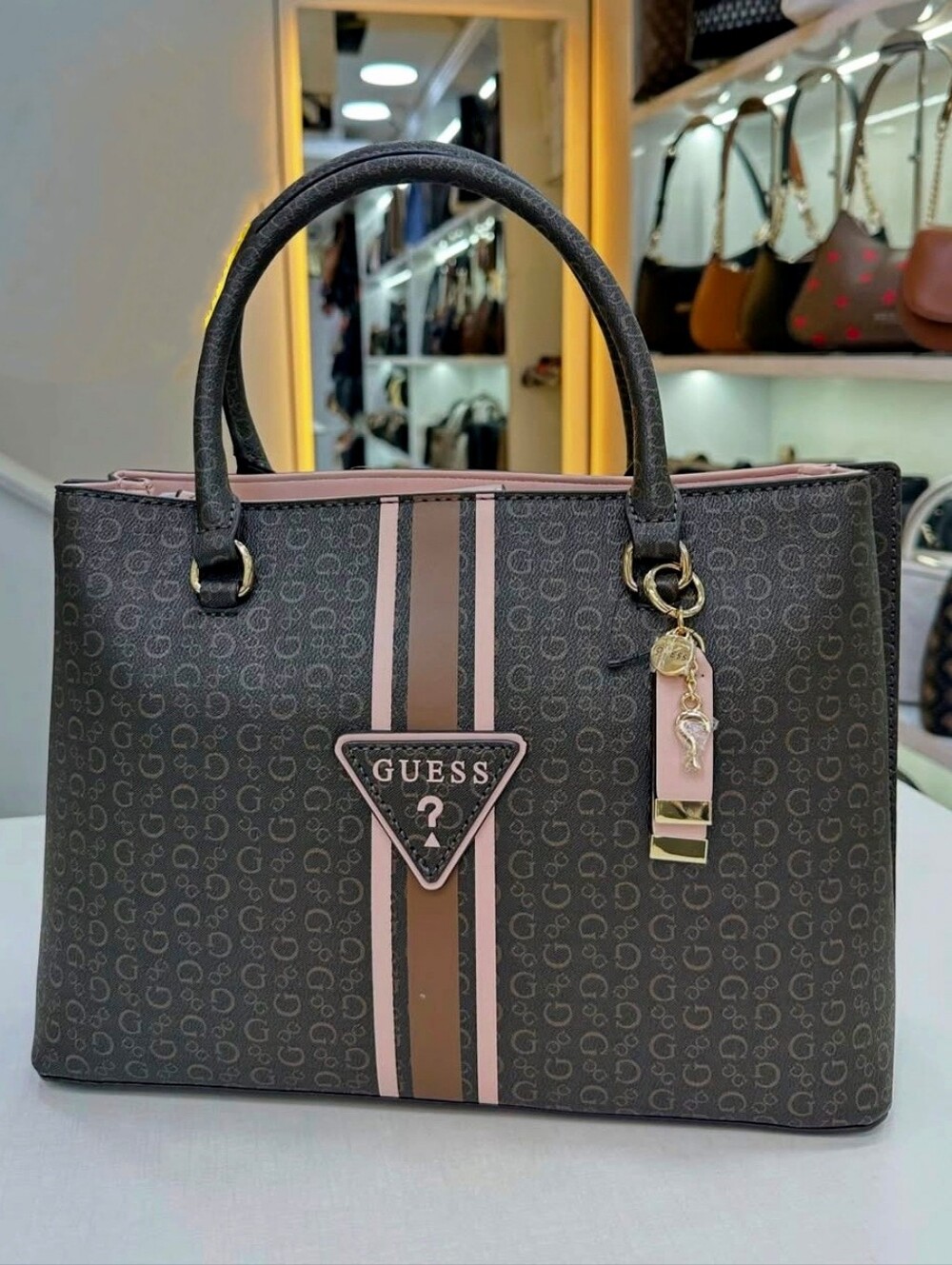 GUESS Brown & Pink Logo Handbag